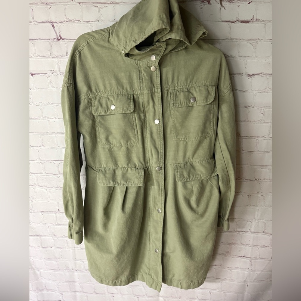 7 For All Mankind Green Utility Jacket Oversized Relaxed Fit Hooded Coat Small - Picture 3 of 5